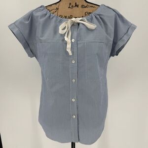 Theory Velvela Taff Stripe Cotton Tie Neck Button Front Top Women‎ Medium Blue